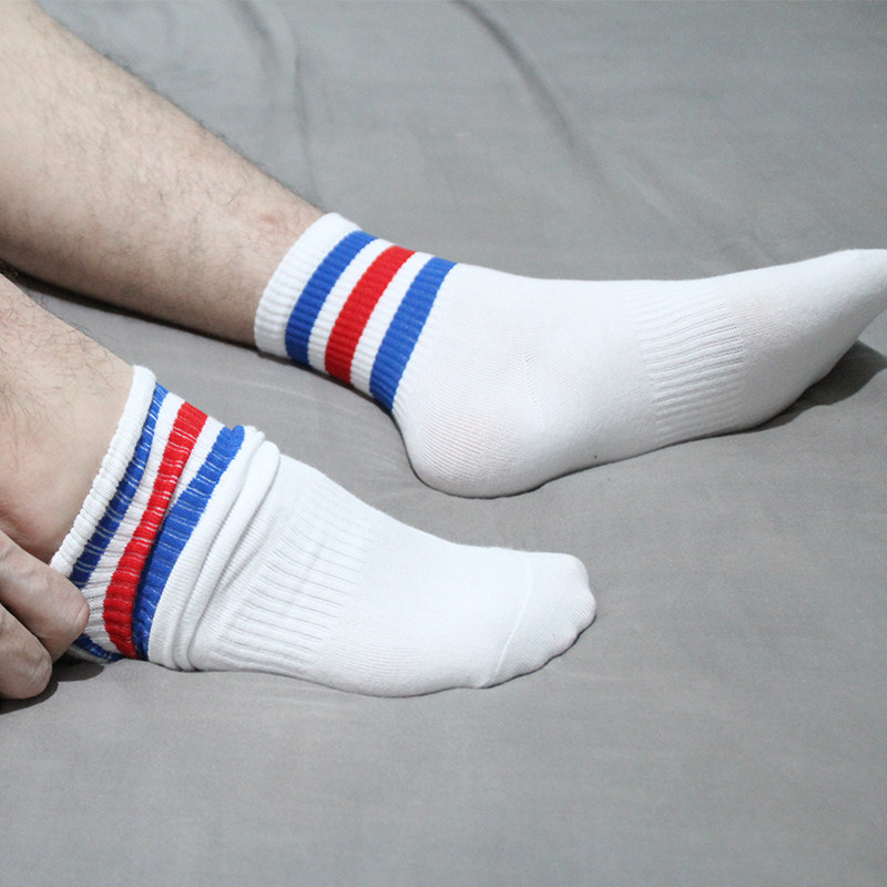 2双装白袜控中筒棉袜男三道蓝杠秋季运动健身袜时尚条纹潮袜个性
