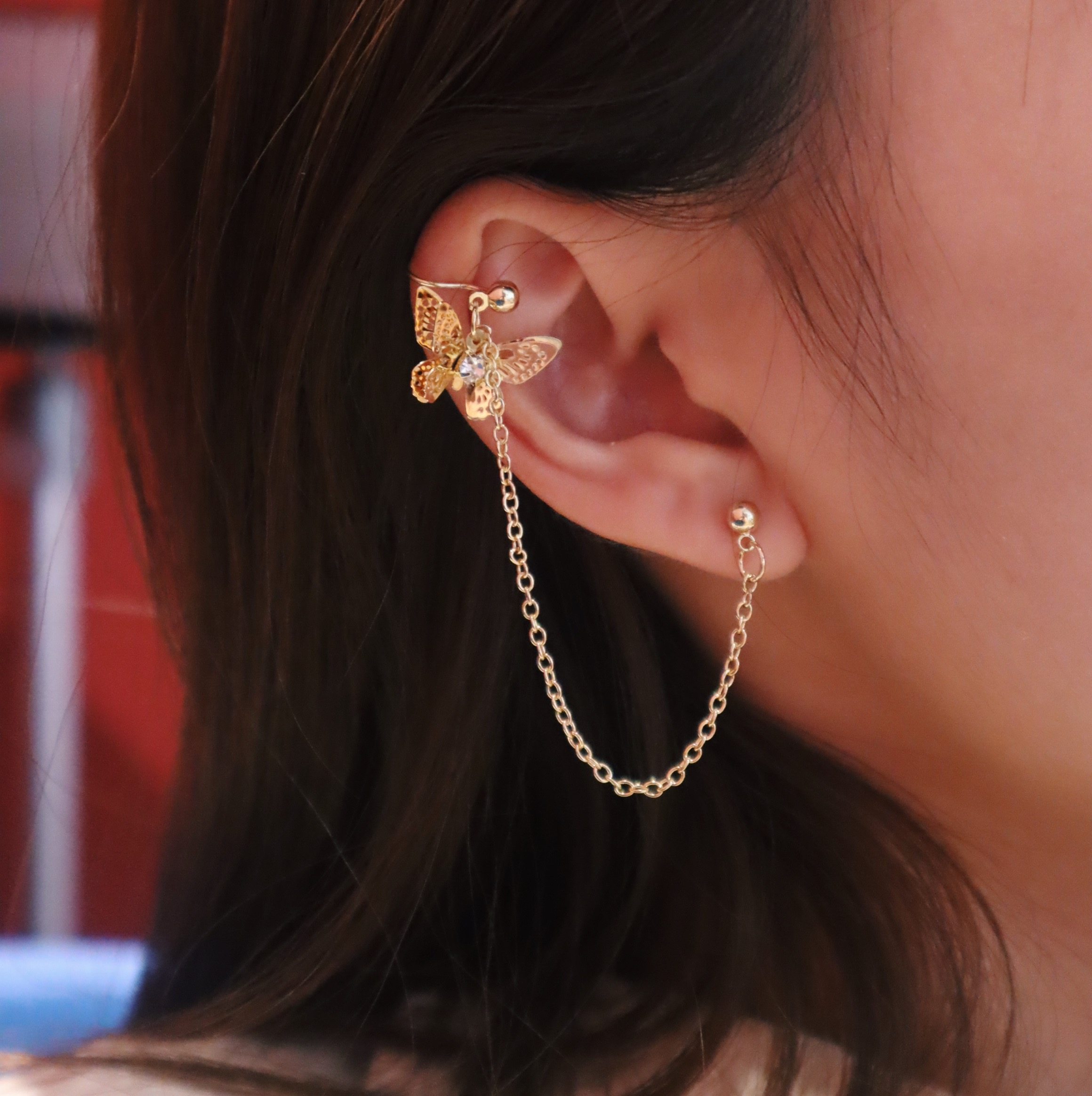 eatitshop时尚感s925银针蝴蝶耳骨夹超链条耳环耳环