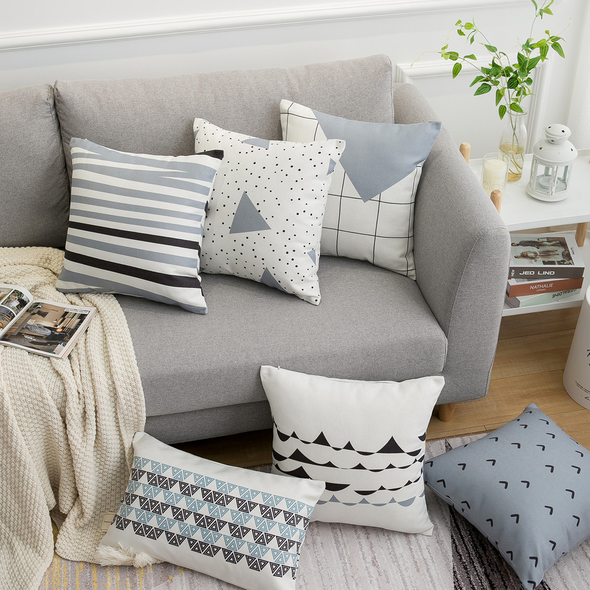 日式文艺简约几何条纹棉麻沙发靠垫布艺靠背靠垫