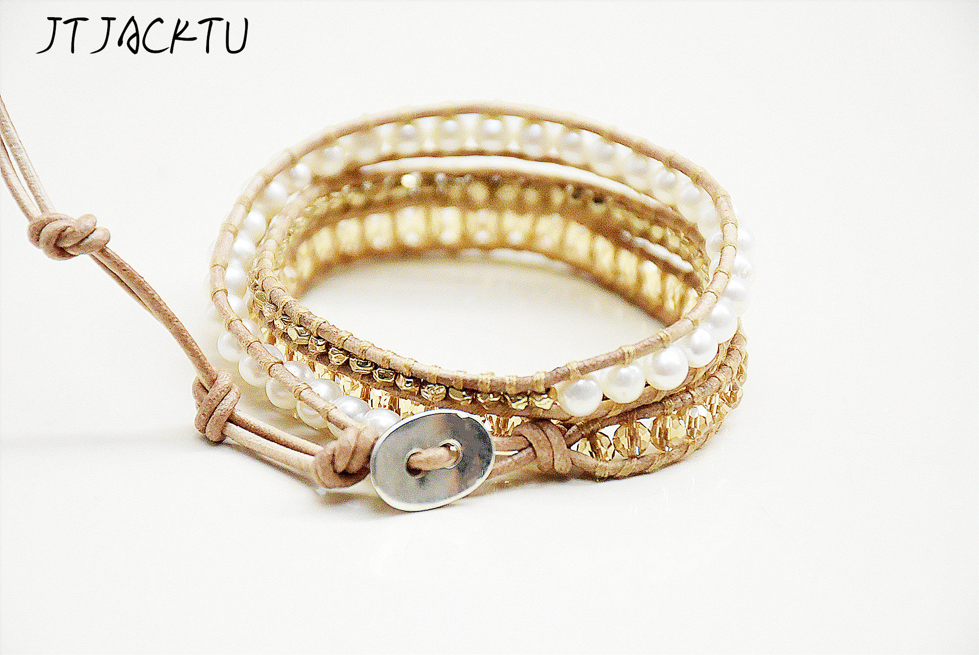 jtjacktu原创天然淡水珍珠多层金珠手工缠绕手链手链