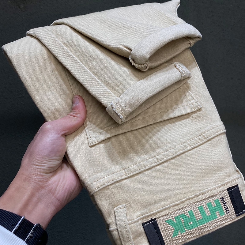 男士休闲裤直筒杏色宽松小脚裤子纯棉百搭春夏季款米白牛仔裤弹力