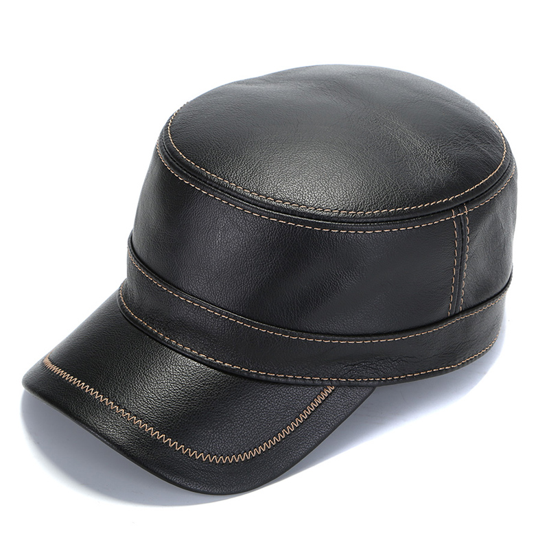 真皮帽子男士时尚冬季单款牛皮平顶皮帽青年帽子