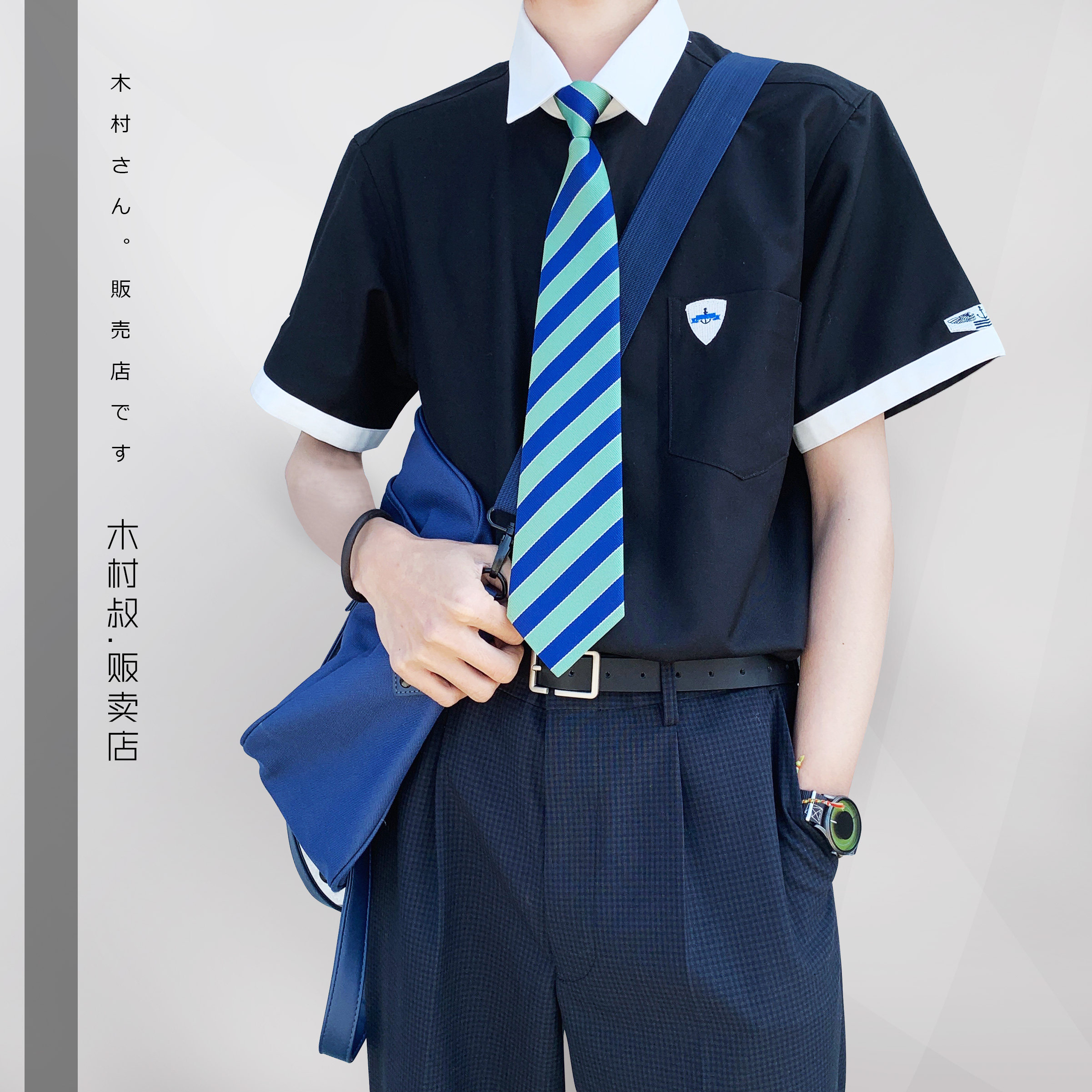 木村dk男装原创夏季短袖白色衬衫男撞色日系衬衫