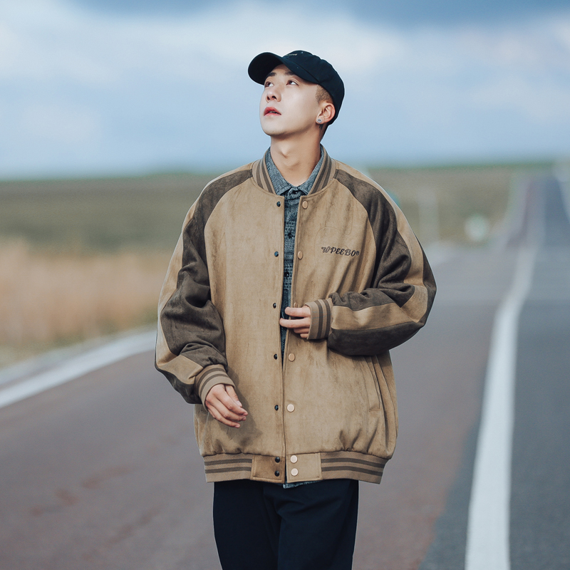 D四十九天春秋款麂皮绒拼接棒球服男士外套潮牌夹克帅气宽松衣服