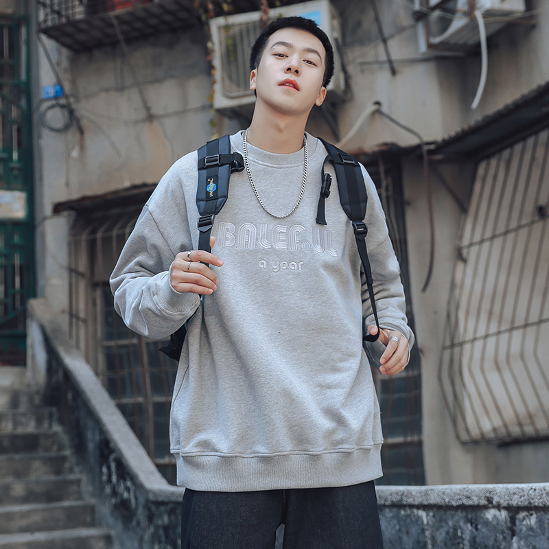 D四十九天春秋款百搭刺绣圆领卫衣男士宽松上衣潮牌外套帅气衣服