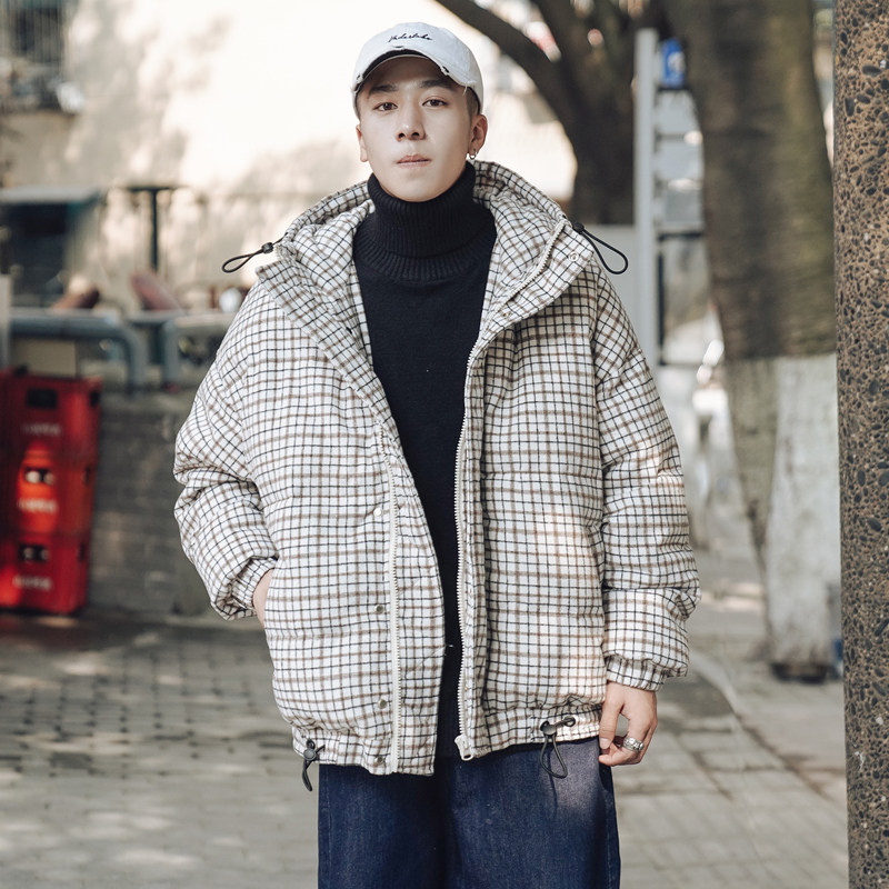 特价加厚格子连帽面包服男潮流棉衣韩版宽松棉衣