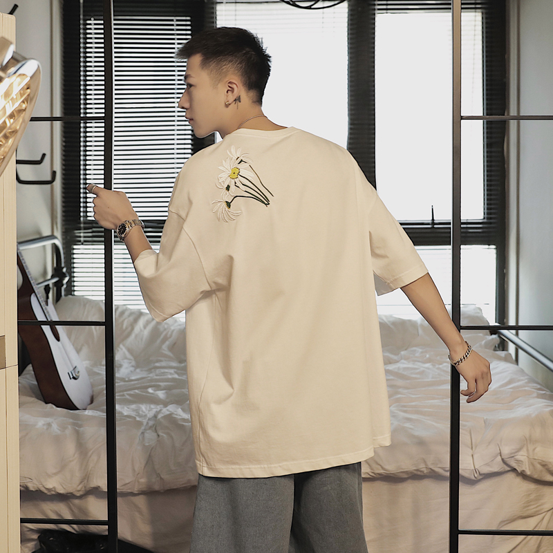 夏季刺绣圆领短袖T恤男潮牌上衣ins半袖宽松打底衫青少年休闲体恤