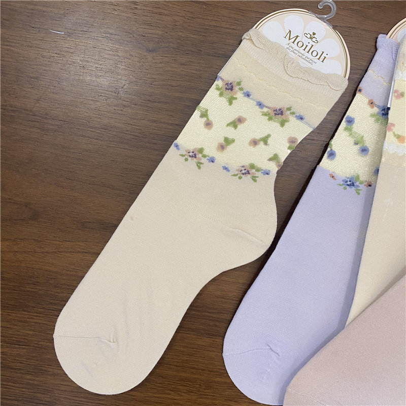 玻璃丝拼接珍珠水晶短袜女袜薄款搭配lo蕾丝中筒袜