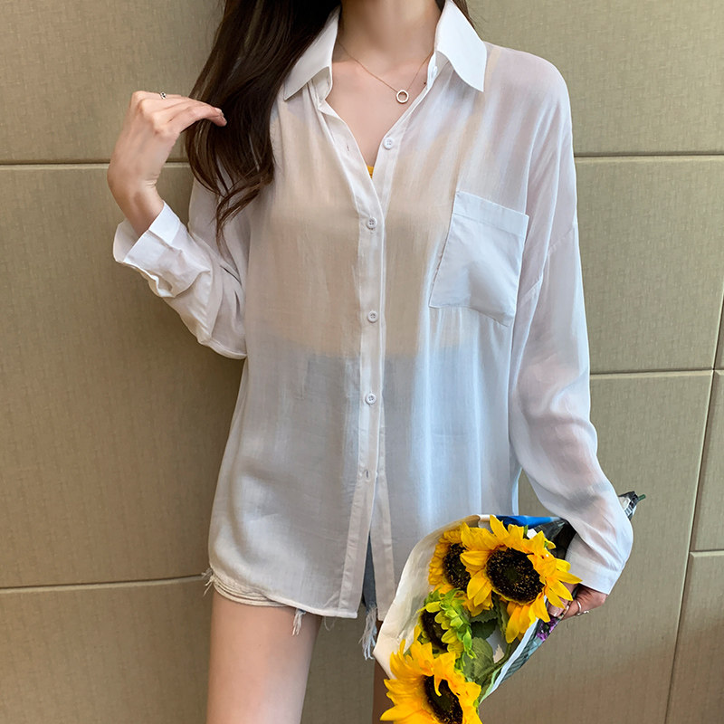 防晒衬衫薄纱夏季薄款珠光2021新款雪纺长袖衬衫