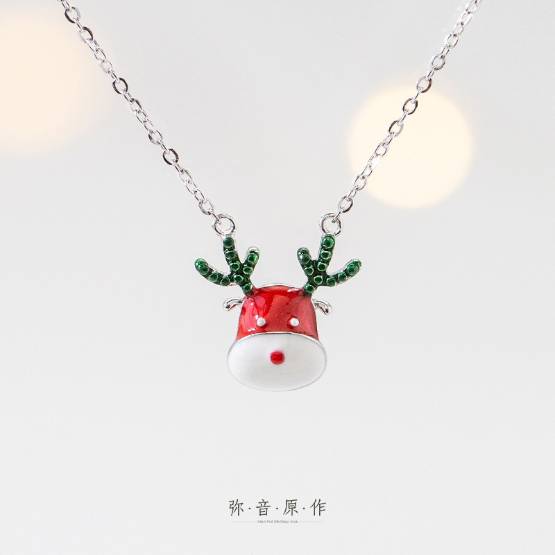 圣诞弥音原作鹿头口红项链锁骨纯银圣诞节节日项链