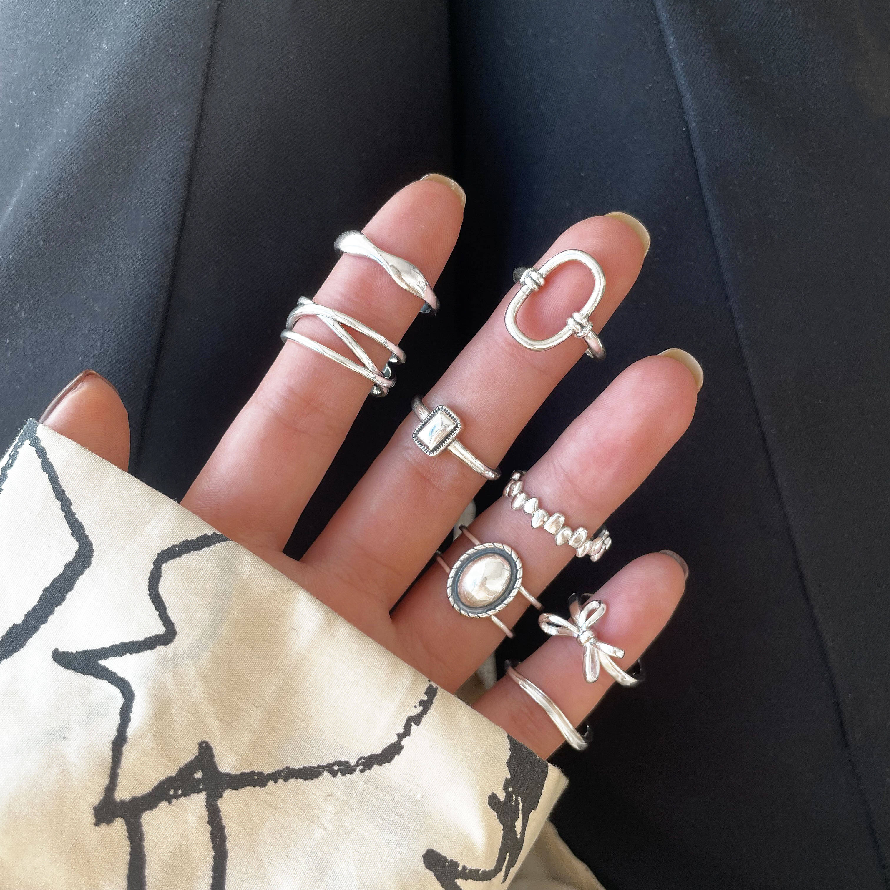 为晚复古线条组合食指戒指女潮网红个性嘻哈戒指