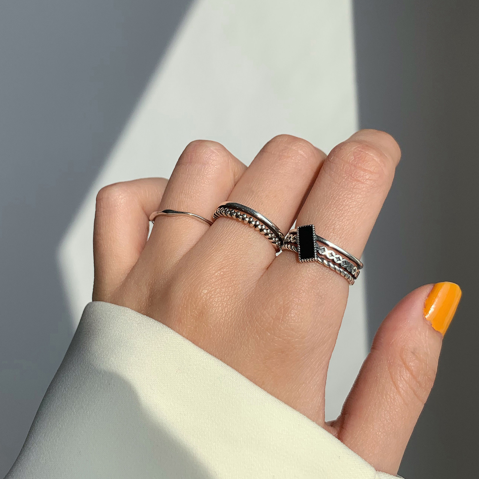 为晚 做旧泰银复古星星组合戒指女纯银个性嘻哈原宿风网红指环潮 - 为