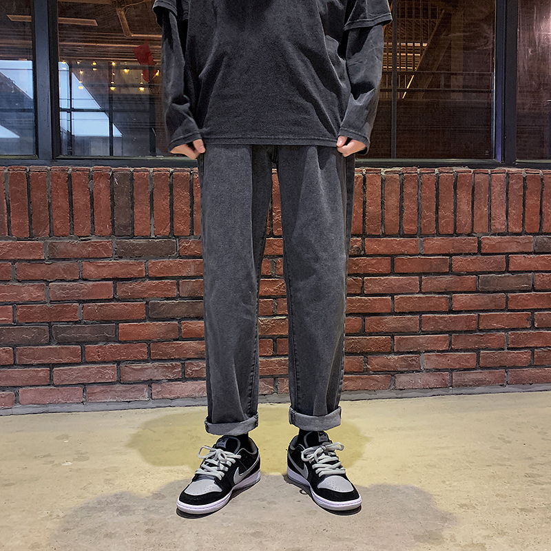 春夏季港风阔腿牛仔裤男潮牌复古宽松直筒长裤ins百搭休闲老爹裤