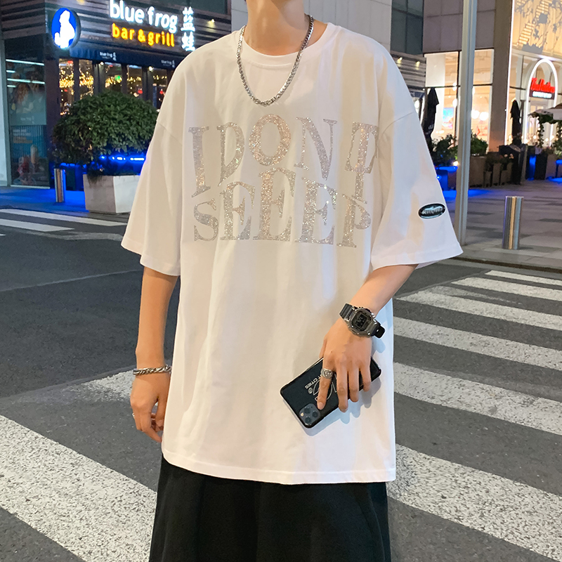 夏季新款烫钻短袖t恤男潮牌ins宽松港风嘻哈百搭休闲五分袖体恤衫