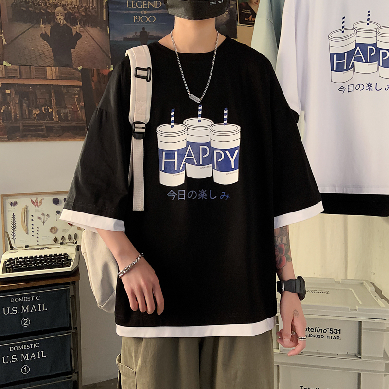 短袖t恤男宽松港风假两件半袖上衣夏季ins潮流韩版百搭五分袖体恤