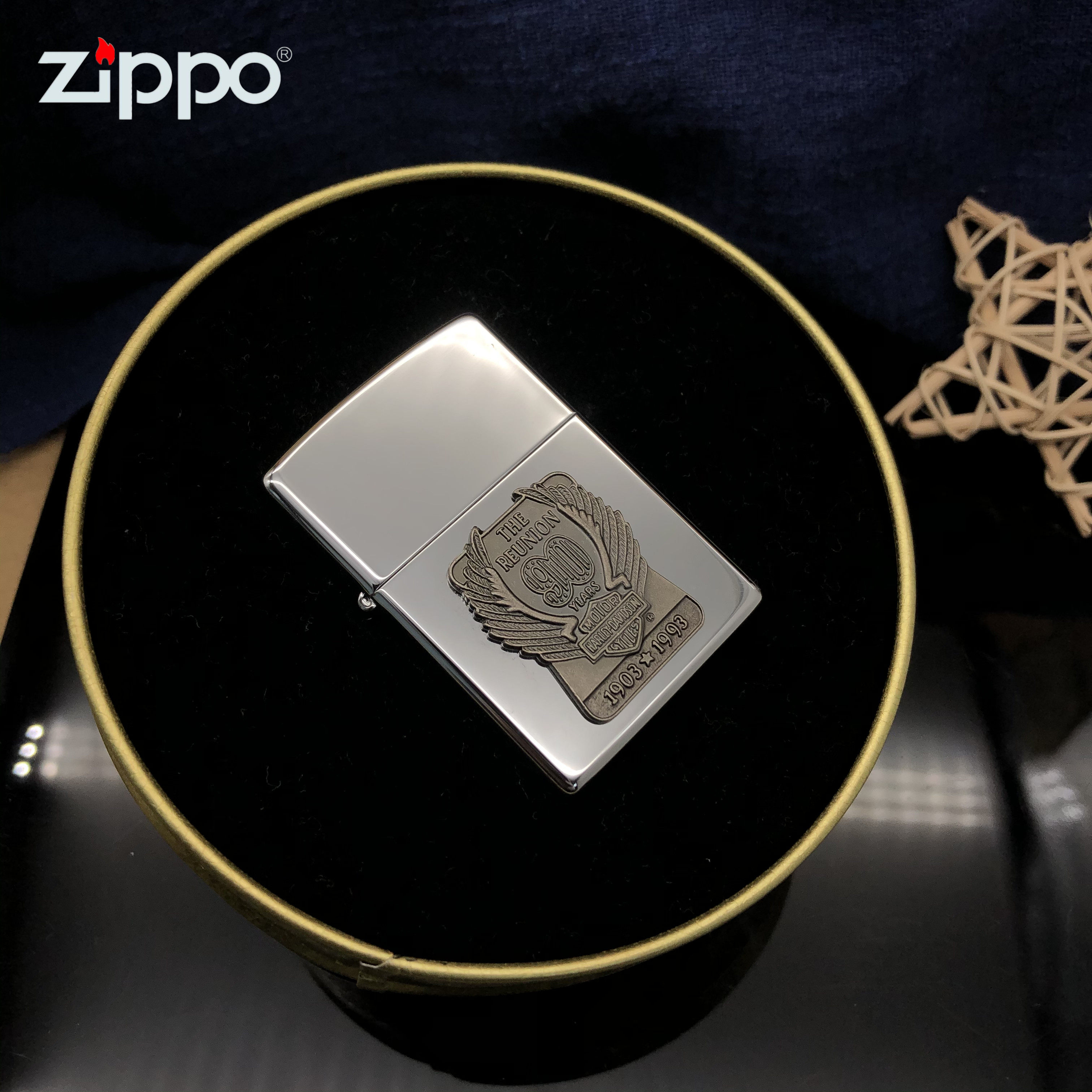 zippo打火机1993年底珍藏老机哈雷周年纪念圆形铁盒zippo
