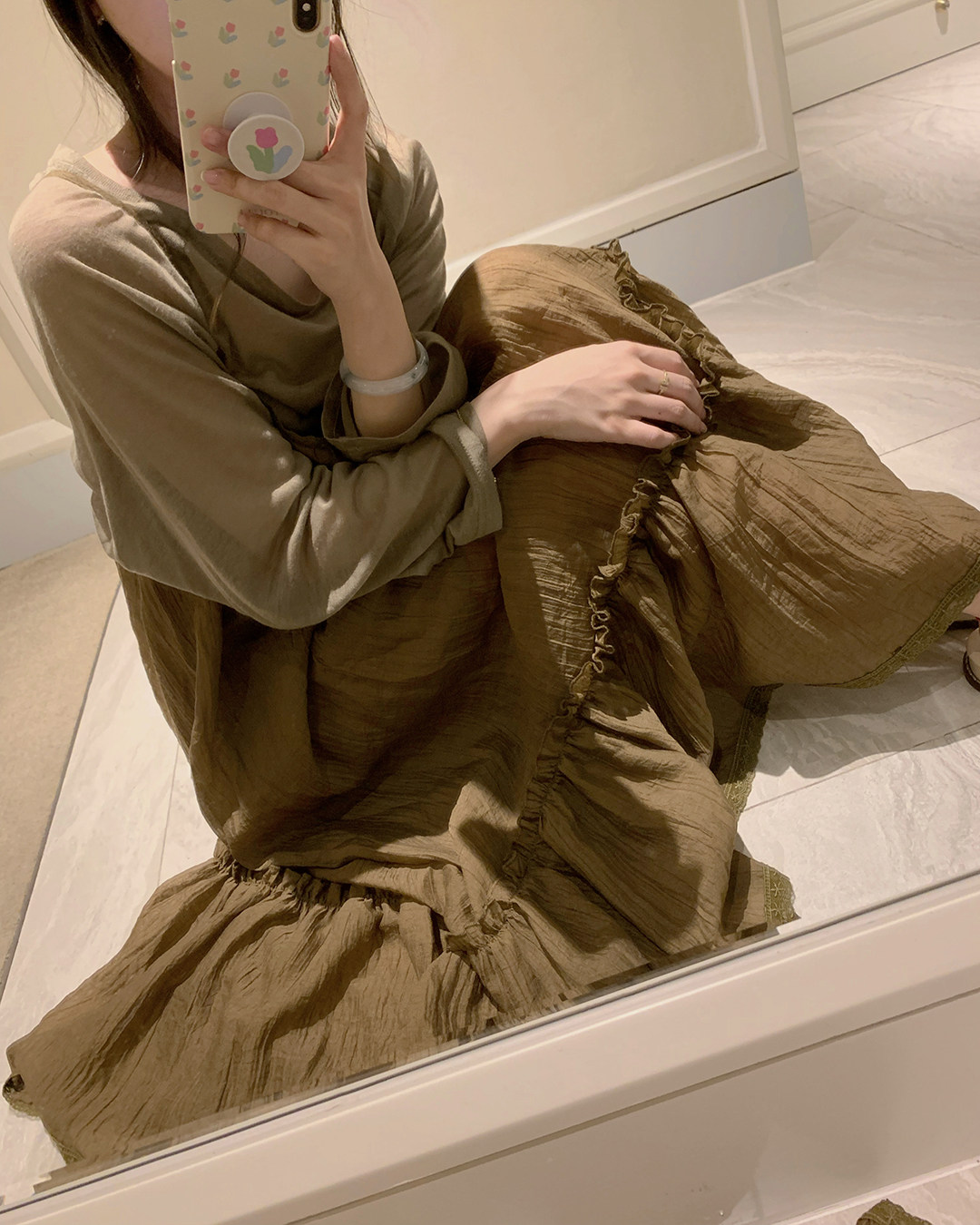 raincol天丝茶褐色蕾丝吊带长裙气质荷叶花边连衣裙