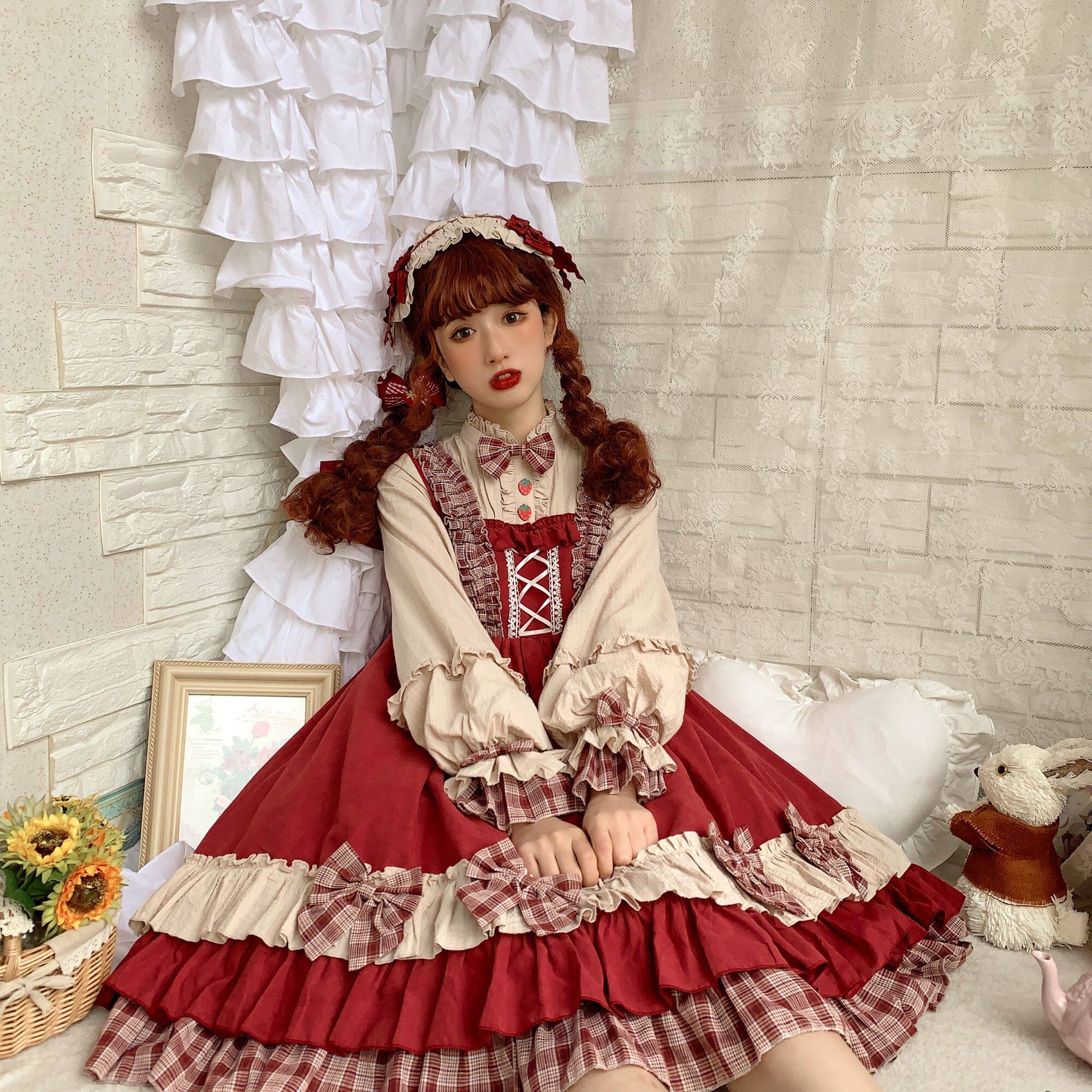 国牌lolita原创 浆果少女op圣诞新年小红帽长袖格子蝴蝶结连衣裙