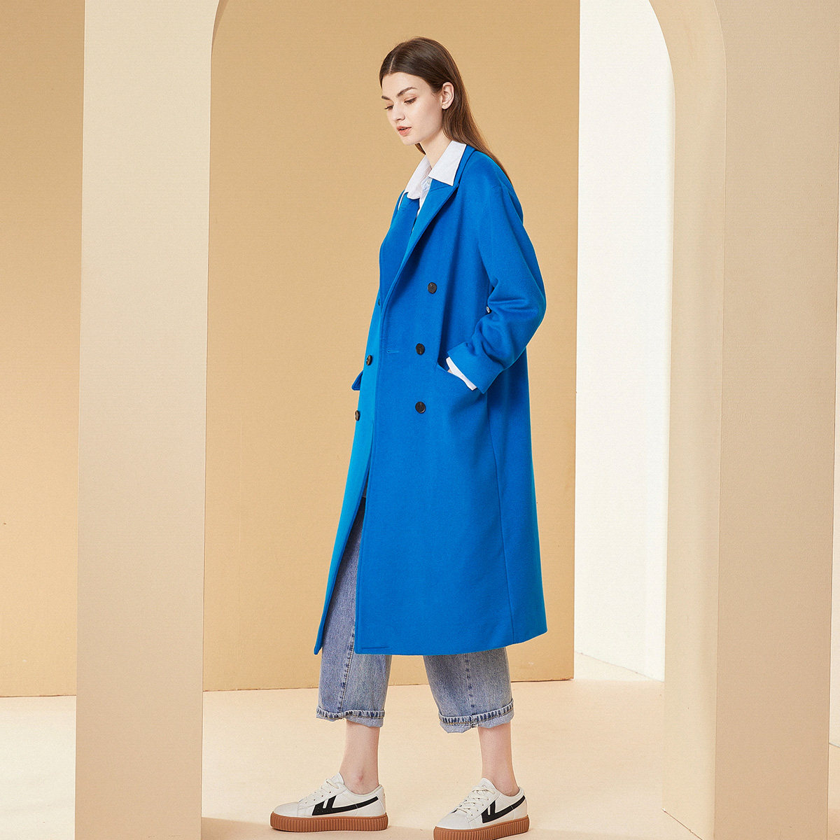 大衣安瑞井湖蓝蓝色优雅知性2022冬季新品羊毛毛呢外套