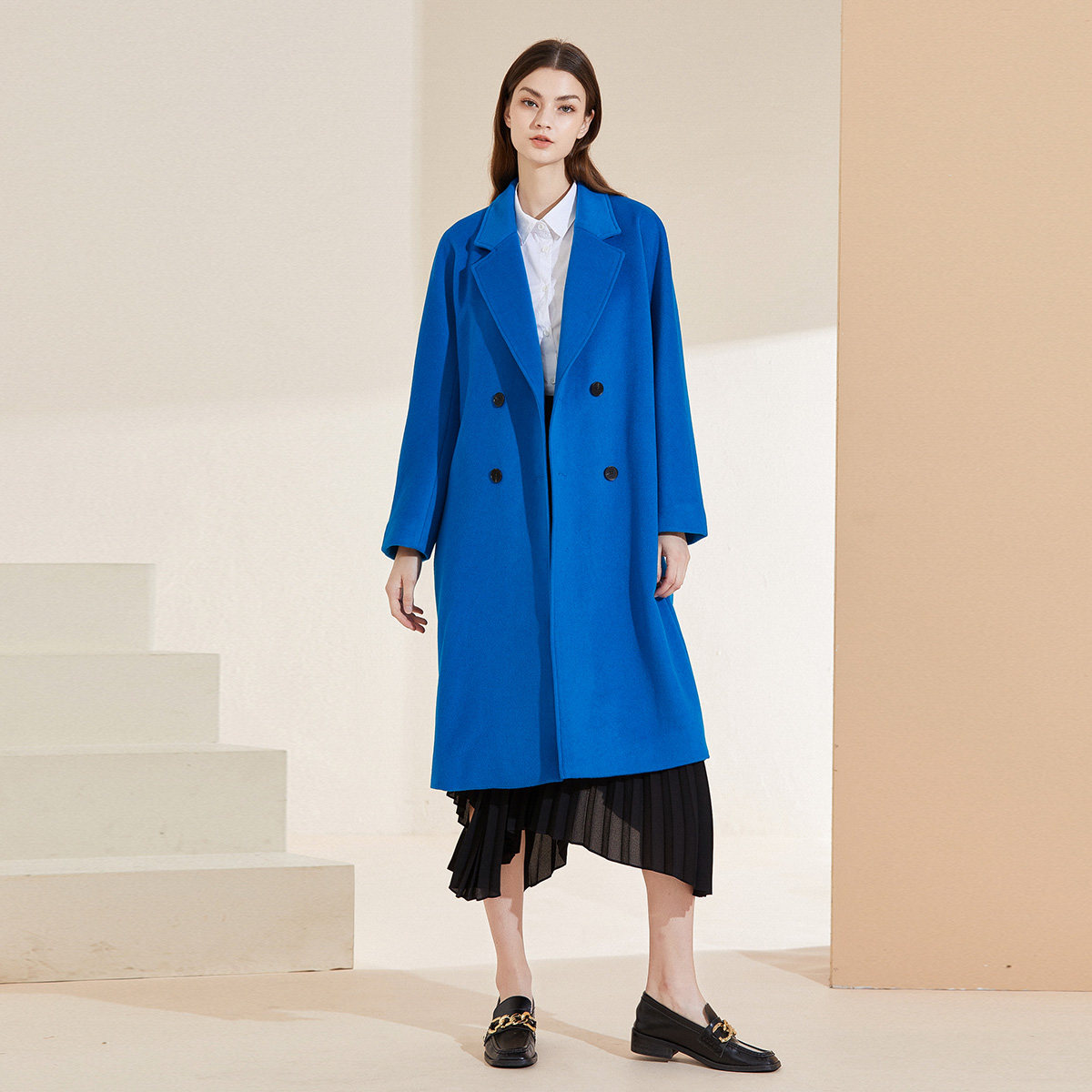 安瑞井湖蓝色显白大衣女2022冬季羊毛西装领双排扣过膝款大衣