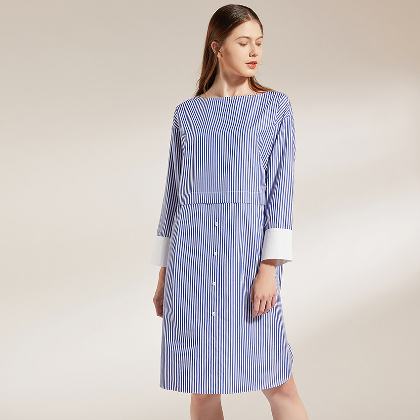 origin安瑞井女装2019休闲长袖连衣裙原创假两件拼接全棉条纹裙