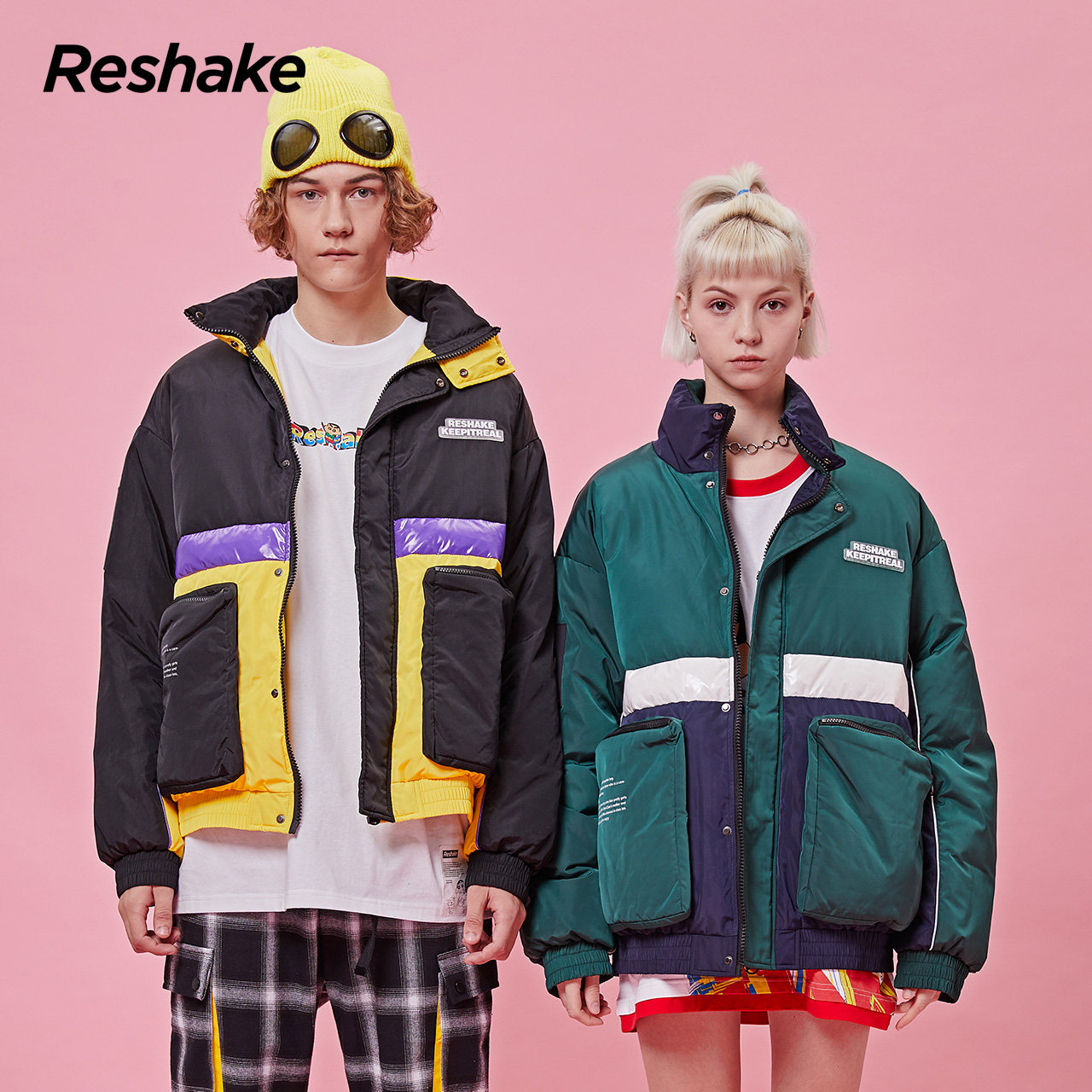reshake华菲型格冬蜡笔小新联名情侣外套短款工装羽绒服羽绒服