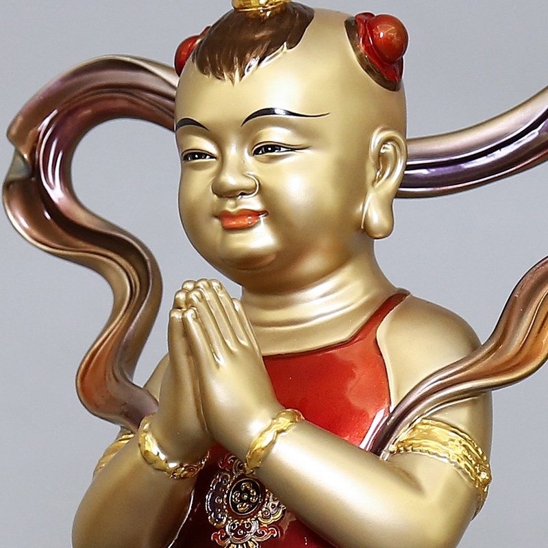 纯铜彩绘金童玉女佛像善财童子童女一对观音菩萨摆件