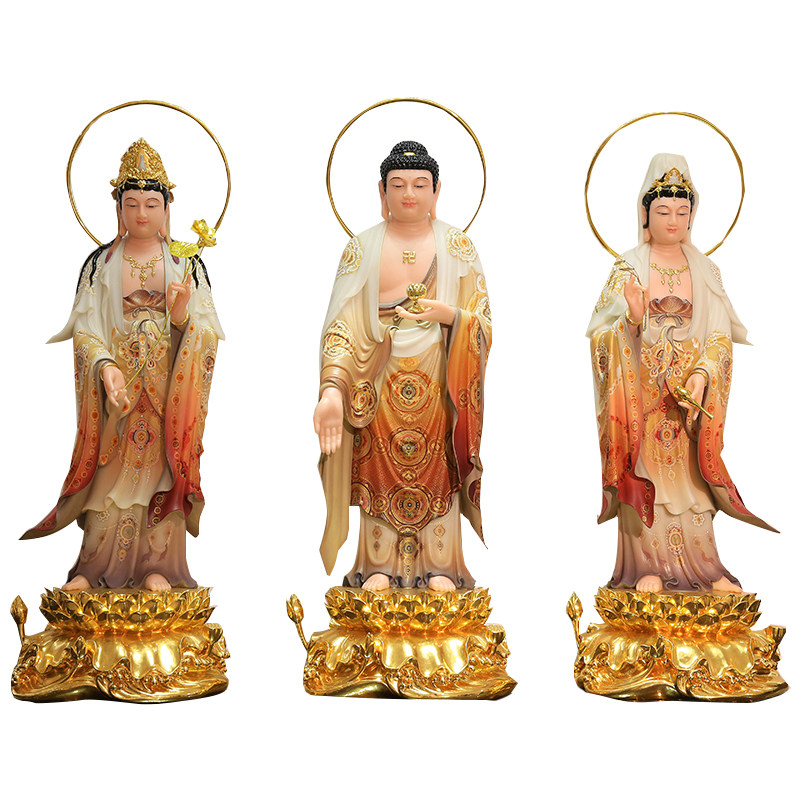 西方三圣佛像站像家用客厅汉白玉彩绘观音菩萨摆件