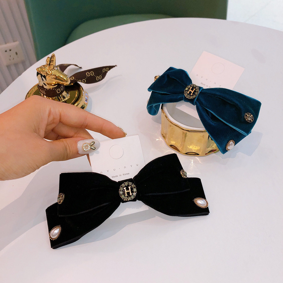 网红丝绒黑色气质头饰蝴蝶结大号发夹顶夹韩式后脑勺侧边鸭嘴发夹