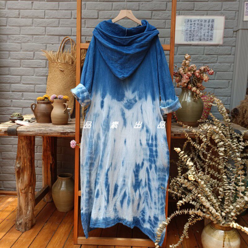 大理丽江贵州扎染蓝染蜡染蓝白染连长袖连衣裙连衣裙