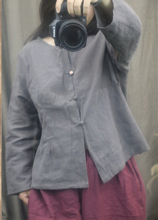 原创中国国风中式苎麻棉麻圆领对襟盘扣上衣衬衫