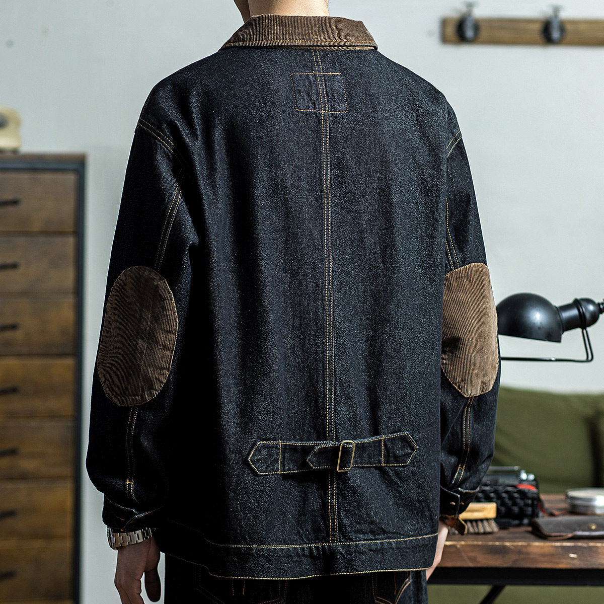 工装美式复古硬朗猎装夹克灯芯绒水洗牛仔硬汉夹克