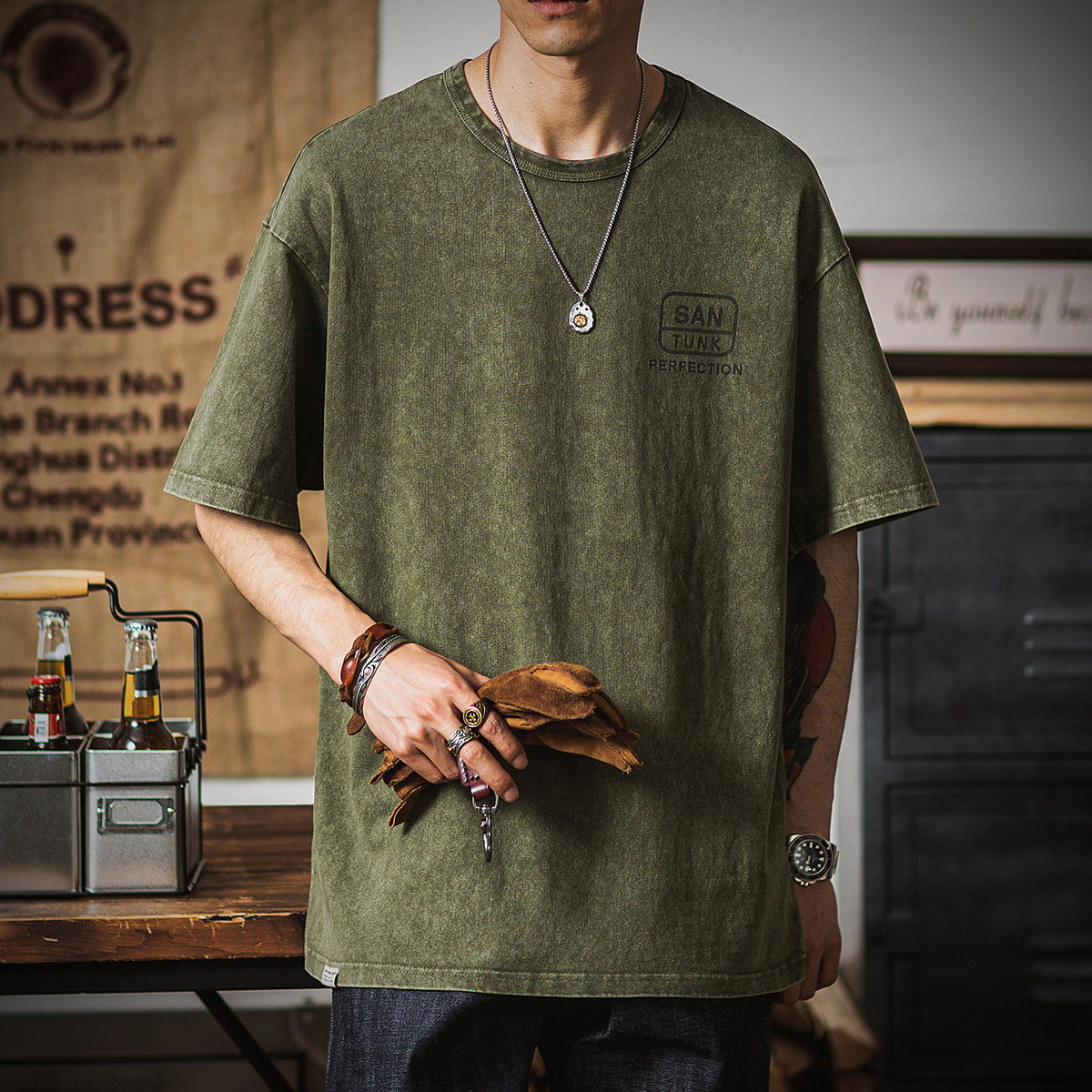 风美短袖咔叽阿美复古美式军事蜡染做旧水洗t恤