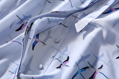 清雅淡紫蓝色调唯美雁儿印花真丝衬衣飘带领气质百搭蚕丝衬衫女