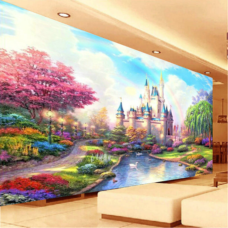 印花线绣十字绣梦幻小屋2020新款客厅油画花园小屋彩虹城堡风景画
