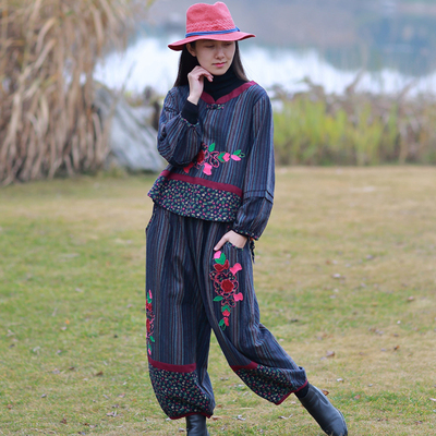 春装套装女大码垂感阔腿裤两件套春秋新款民族风妈妈装时尚气质