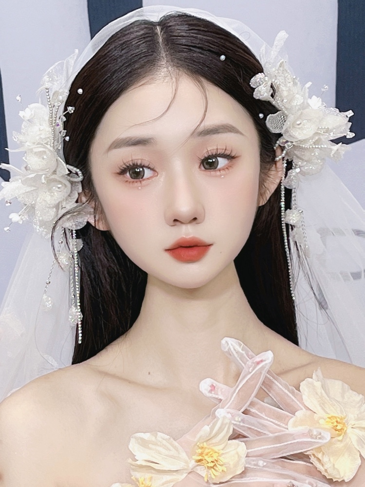 新娘婚纱造型头饰亮闪流苏发饰头纱手套超仙发饰