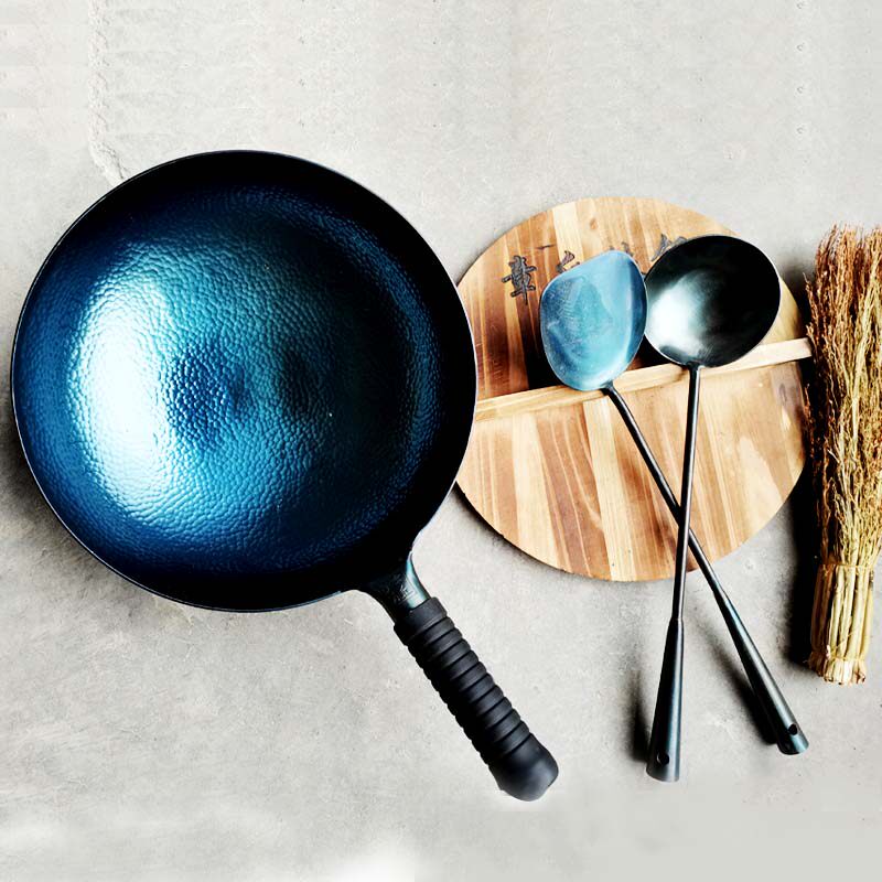 正宗章丘鱼鳞烤蓝铁锅手工锻打老式传统家用炒锅