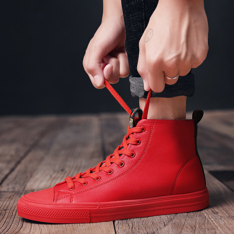 男鞋冬季潮鞋高帮鞋韩版潮流红色板鞋男棉鞋休闲皮鞋中帮加绒鞋子