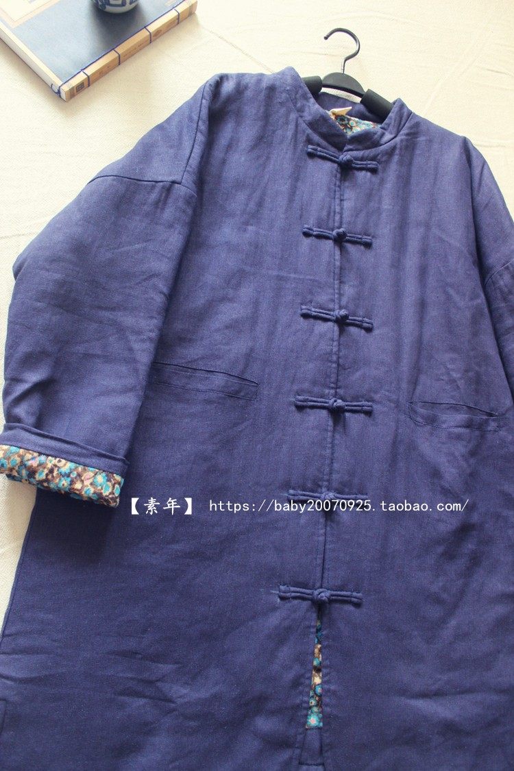 2020新款原创宽松复古文艺对襟中式中长薄棉棉衣