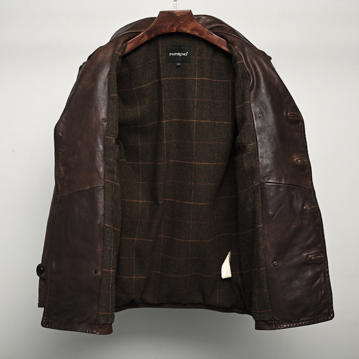 男装成衣水洗复古厚重头层茶芯马皮中长款740双排扣大衣真皮皮衣-mc