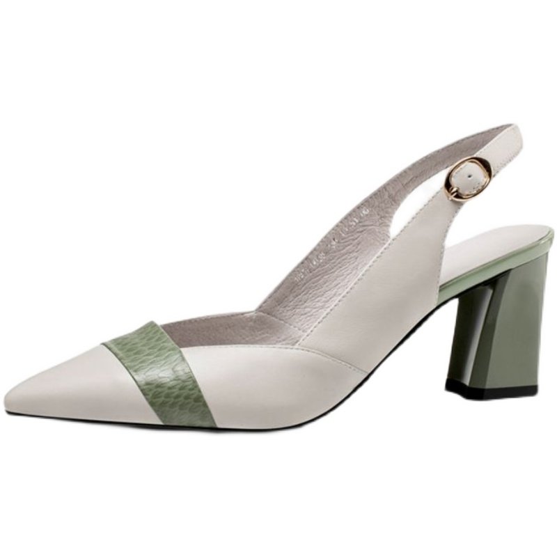 格林菲尔凉鞋女夏全皮尖头粗跟韩版包头一字时装凉鞋