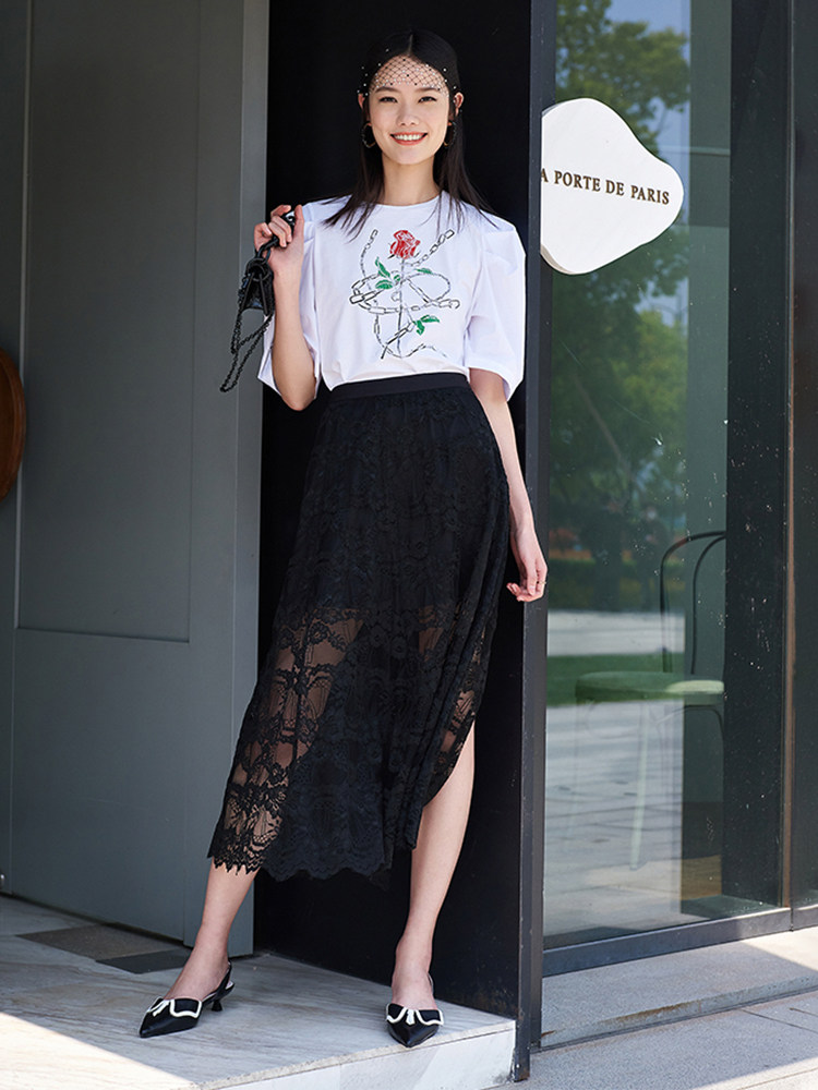 洛可可rococo2021黑色不规则半身女网百搭时髦蕾丝半裙半身裙