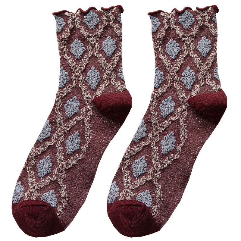 3双菱形潮流亮丝复古女袜花边筒袜日系女中中筒袜