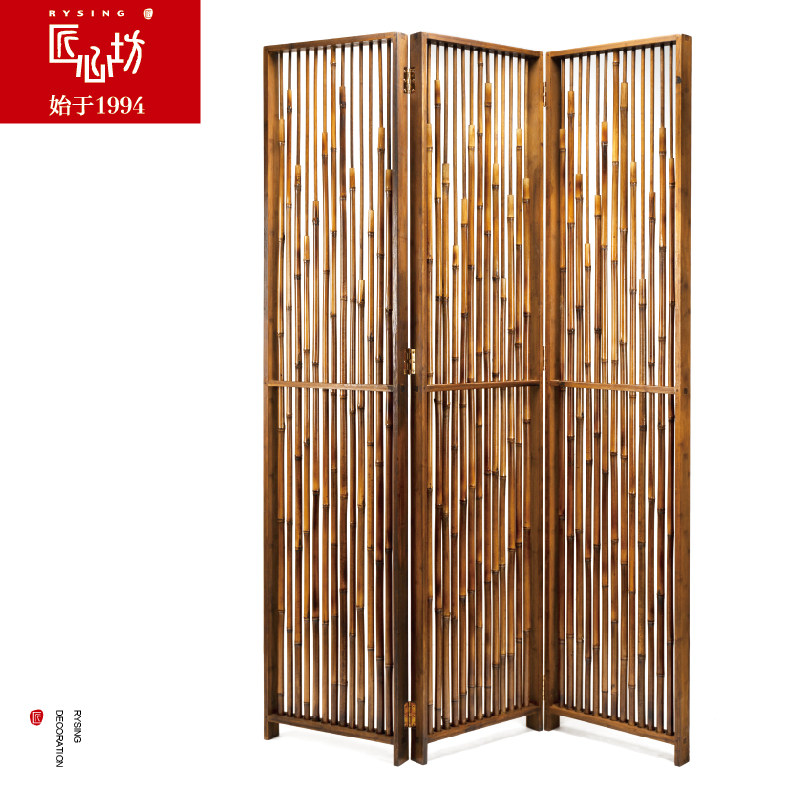 匠心坊户外庭院造景三扇可折叠竹屏风隔断客厅茶室禅意装饰品摆件