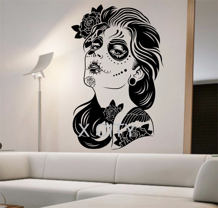 糖果红粉骷髅美女贴画sugarskull墨西哥亡灵节墙软装墙贴
