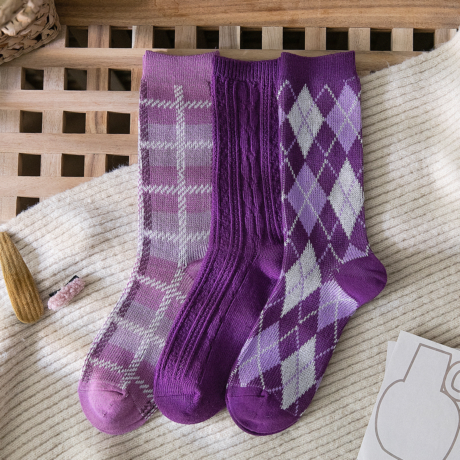 紫色菱格袜子女中筒ins潮堆堆韩国日系春秋长袜中筒袜