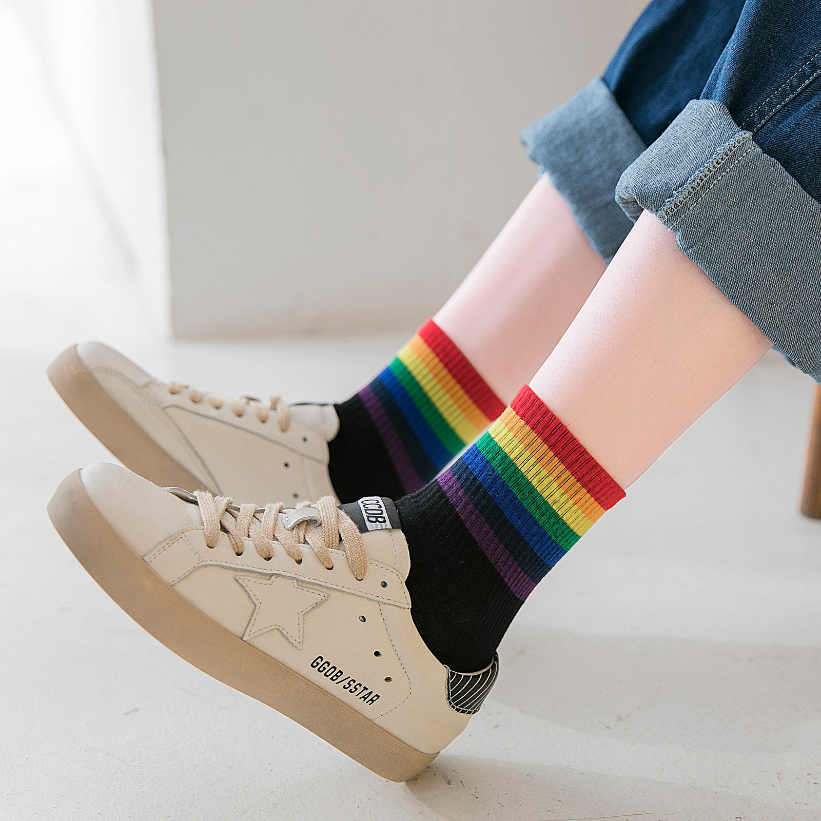 彩虹长袜子女ins潮中筒袜夏季薄款日系网红韩国百搭条纹袜糖果色