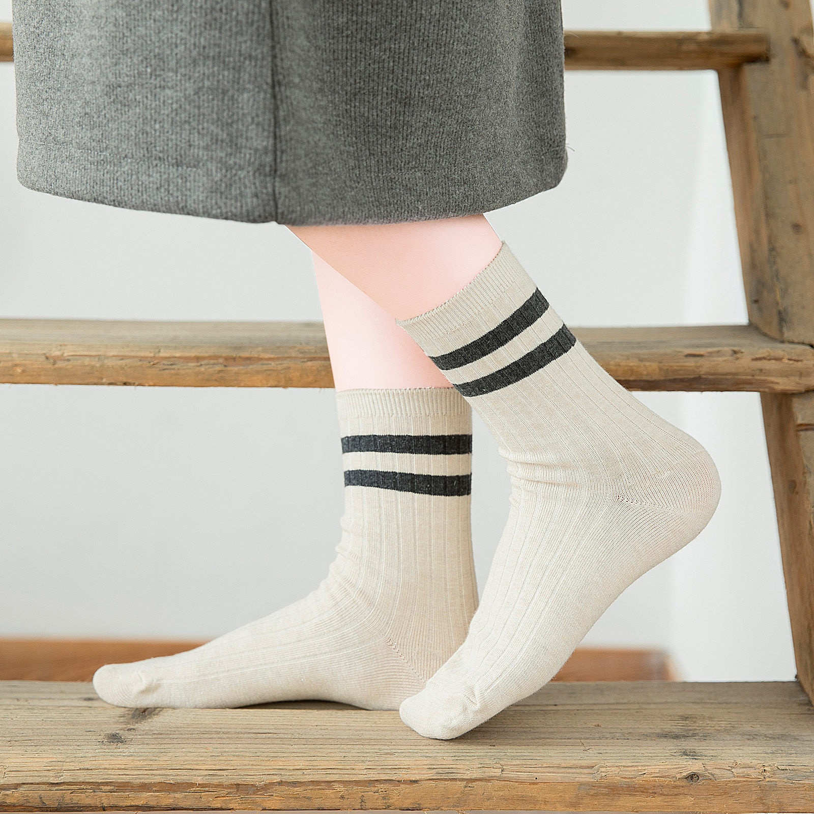 纯棉袜子女中长筒袜韩版学院风日系复古条纹堆堆袜秋冬季全棉百搭