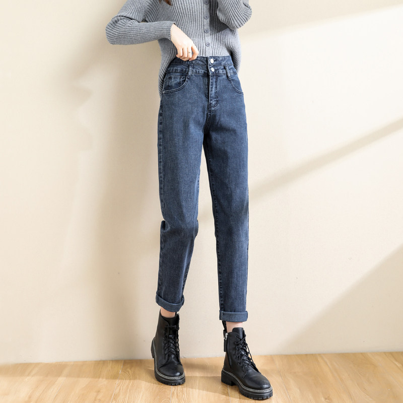 高腰老爹牛仔裤女2022年新款秋冬季加绒显瘦宽松大码哈伦萝卜裤子